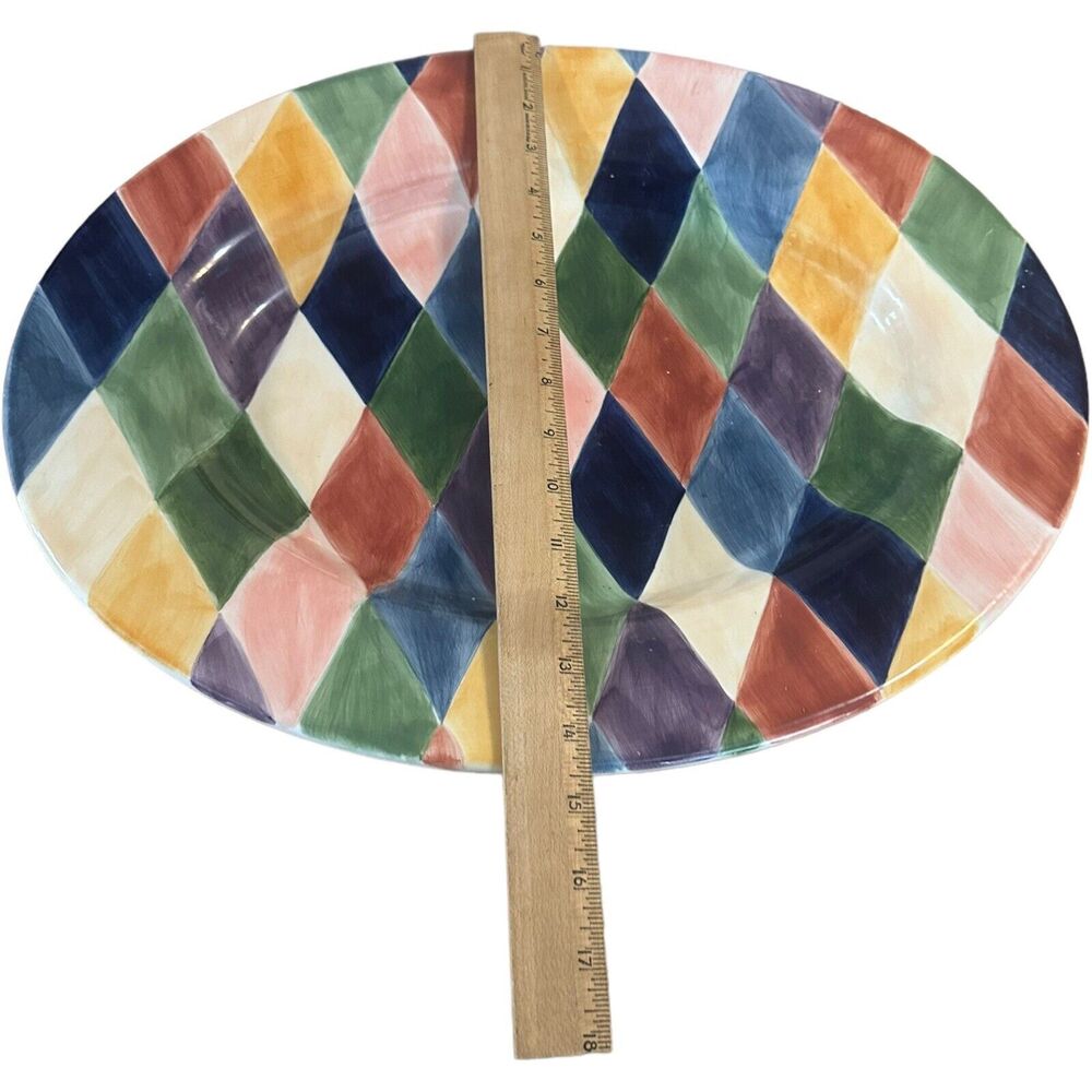 Tabletops Unlimited Carnival Diamond Handpainted 18" Oval Serving Platter XLarge - Picture 8 of 11